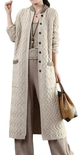 HGJH Women's Long Cardigans,Elegant Oversized Button Open Front Coat Loose Cable Knit Cardigan Sweater Casual Transition Jacket Kimono Cardigan Coat Outwear Autumn Winter,Apricot,S