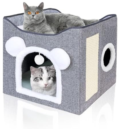 Casa Plegable para Gatos con terraza, Cueva para Gatos, 2 Capas, con Tabla rascador y Pelota de Juego, Cama para 2 Gatos, 42 x 40 x 39 cm, Color Gris