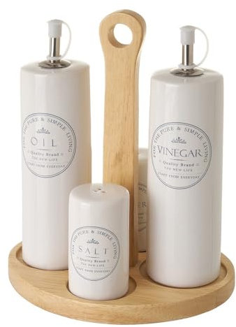 Juego de Aceitera, Vinagrera, Salero y Pimentero de Stoneware Blancos Modernas para Cocina Nórdica (Juego de aceitera)