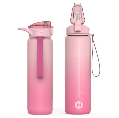 HOMEEX 1L (32oz) Motivational Water Bottle, BPA-free Sports Water Bottle with Time Marker - Quotes - One-Click Technology Ideal for Jogging, Hiking, Office, School, Adults, Children (Pink & Peach)