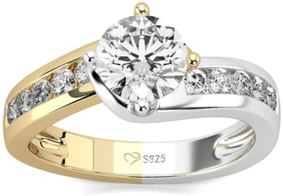 Jeulia Zweifarbiger 925 Sterling Silber Ring Damen Verlobungsring Ewigkeitsringe Eheringe Zirkonia Kristall Damenring mit Rundschliff für ihre Frauen Mädchen (Silber, Gelbgold, 51(16.1))