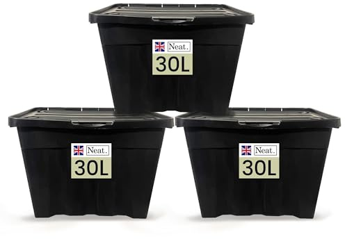 Neat. 30L Storage Boxes with Lids - Black Base & Hinged Lid Ideal for Home Organisation, Durable Plastic Containers, Space-Saving Box Storage Solutions, Plastic Box with Lid for Easy Access, Pack of 3
