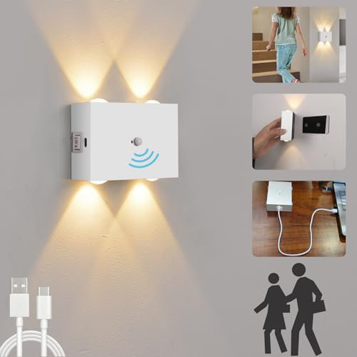 VOMI LED Wandleuchte Kabellos mit bewegungsmelder, Akku Wandleuchte Innen Ohne Stromanschluss 4W Up Down Licht Flur Wandbeleuchtung USB Aufladbare 4000mAh Batterie Wandlampe Magnetisch Flurlampe