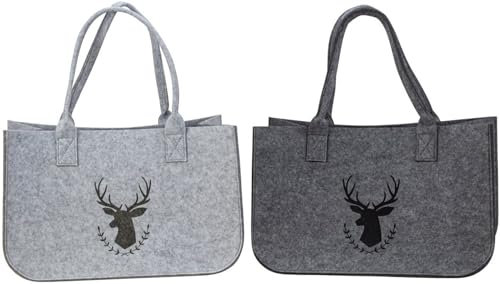 Geschenkestadl 2 Stück Filztaschen Hirschmotiv 45cm grau Einkaufstasche Shopper Aufbewahrungstasche