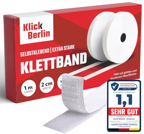 Klick Berlin Klettband Selbstklebend | 2 cm schmales Klettband | Klett Klebeband klebt auf vielen Flächen | Klettverschluss | 20mm breit, 1 Meter lang