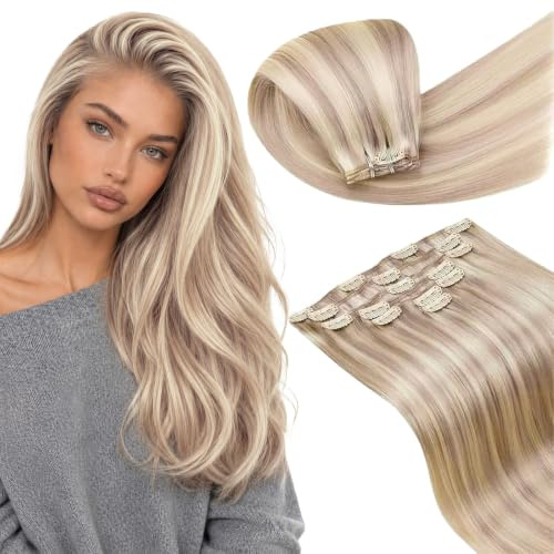 LaaVoo Clip in Echthaar Extensions Blond Extensions Echthaar Clip Aschblond Highlight Gebleichtes Blond Remy Haarverlängerung Glatt 120g 7Stück 35cm #p18/613