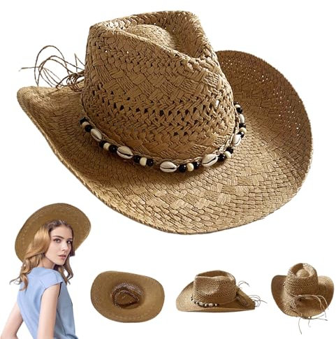 Hilai Chapeau de Cowboy en Paille, Protection Solaire, Largeur de Bord, Respirant, Perles, Occidental, Femmes, Kaki, Chapeau, Accessoire de Mode, Été, Multi-occasion, Unisex-Adultes