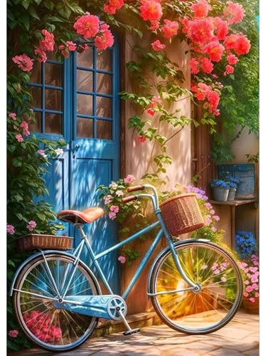 DAERLE Diamond Painting Fahrrad Landschaft, Diamant Painting Bilder Altes Fahrrad Blumen Straße, DIY Diamant Vollbild, Malen Nach Zahlen Erwachsene, 5D Diamant Painting für Wand Dekoration 30x40cm