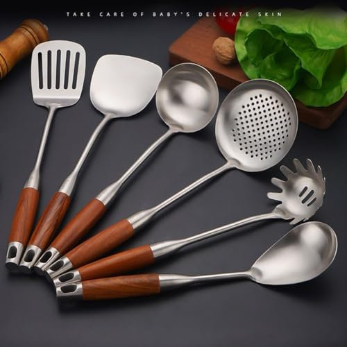 Cucharón wok de acero inoxidable premium, mango largo, mango de madera resistente al calor (E)
