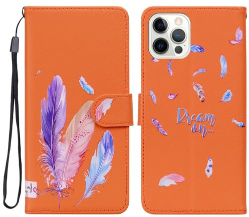 Tiyoo Case for iPhone 12/iPhone 12 Pro, Bright Colorful PU Leather iPhone 12/12Pro Phone Case with Feathers Pattern, Card Slots & Magnetic Closure, Orange