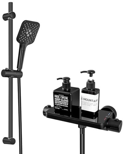 Lonheo Grifo Ducha Negro Termostatico, Columna Ducha con Repisa, Barra Ducha 70cm, Alcachofa de Ducha con 3 Modos, Manguera de ducha de PVC 150cm, Conjunto Ducha para Bañera