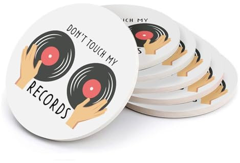 Rundes Keramik-Untersetzer-Set – Don't Touch My Records Musik DJ Vintage Vinyl – 6 Stück (108 x 108 mm)