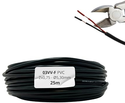 HALOTEC 25 Metros Cable Manguera Redonda PVC 2x0,75 mm² Negro interiores ROJO-NEGRO| Tipo 03VV-F | Cable Doble de Cobre Flexible | Cordón Eléctrico Redondo para Iluminación LED.