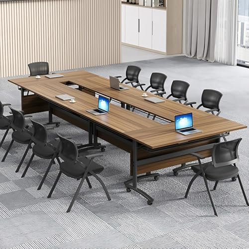 Konferenzraumtisch, 11 Fuß großer klappbarer Konferenztisch für 10–15 Personen, Schulungstische mit Lenkrollen, Besprechungstisch aus Holz im Business-Stil mit stabilem Metallrahmen, Klapptisch (6 St