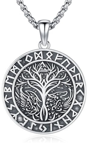 YueYuan Wikinger Rune Halskette 925 Sterling Silber Yggdrasil Anhänger Odin Rabe Halskette Nordischer Schmuck für Herren Männer Wikinger Kultur Liebhaber