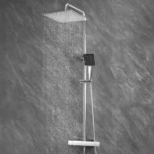 Auralum Columna Ducha Termostática Cromo con Grifo, Kit Completo Ducha Lluvia 30cm Acero Inox 304, Barra Regulable 88-124cm, Ducha de mano con 6 modos