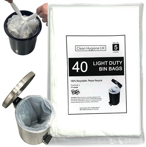 5L Bin Liners 40 Count Dustbin Waste Bags For Round, Oval, Square & Rectangular Pedal Bins 5 Liter For Toilet Bedroom Bathroom Office Hotels Garbage White Refuse Trash Rubbish Sacks 5 Litre Light Duty