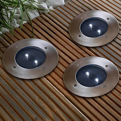 MeLiTec 3er-Set Solar-Bodeneinbauleuchte SEL03, rund, überrollbar bis 1250 kg, für Parkplätze geeignet, Leuchtdauer bis 8 Stunden, Dämmerungssensor, silber, IP67