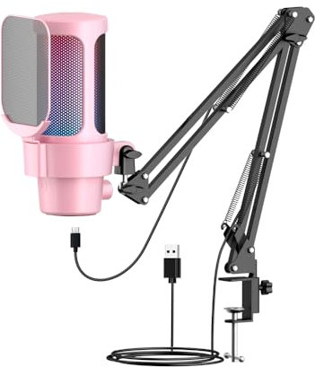 Xolsurg USB Gaming Microphone Computer Mic Kit RVB Éclairage cardioïde Mode Rapide Muet et Bouton de Gain pour Les Jeux/réunion/Streaming en Direct/Enregistrement Audio fiche et (Rose)