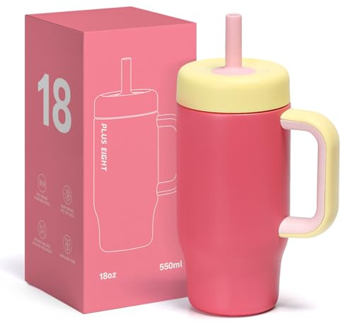 pluseight Stainless Steel Cups Spill Proof, 540ml/18oz Water Bottle with Twist Lids & Silicone Straw, Reusable Double Walled Water Bottle, Easy to Clean