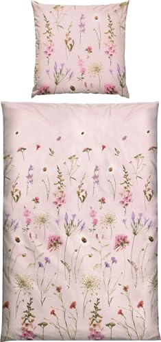 REDBEST Seersucker Bettwäsche Wiesenblumen Rose Größe 80x80 cm / 135x200 cm - sommerlich-leicht, pflegeleicht, bügelfrei, mit Reißverschluss