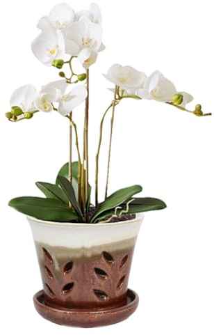 vensovo Vaso per orchidee in ceramica da 15,2 cm, con fori per rinvaso, fioriera in ceramica con sottovaso, per piante da interno/esterno, marrone