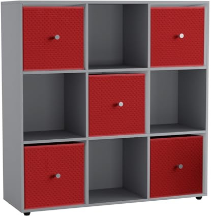 URBNLIVING 9 Cube Storage Unit with 5 Foldable Fabric Drawers, Wooden Freestanding Bookcase Shelf Organiser, Modern Cube Shelving for Bedroom, Office, Living Room, Toys, Clothes & Books