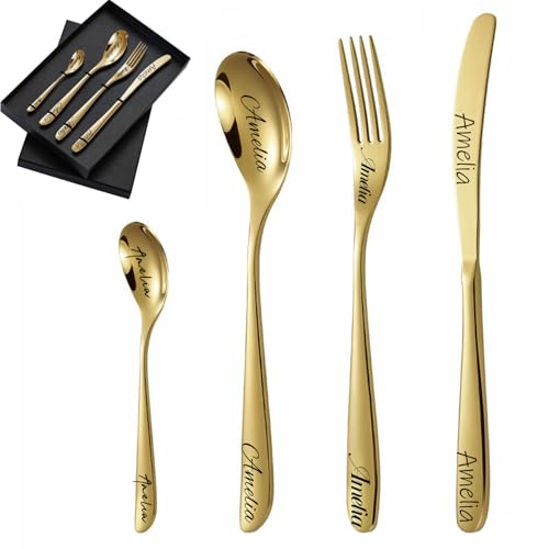 Uniqora Custom Engraved Cutlery Set, 1 Set of 4 Pieces, Personalised Adult Cutlery Set, Fork, Knife, Spoon and Teaspoon Engraved Stainless Steel Flatware Set (Gold)
