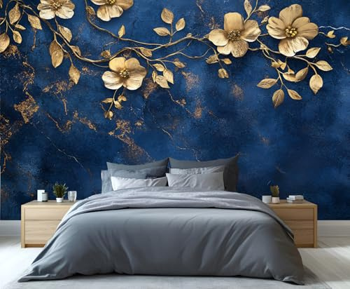 YXQAIED Floral Wallpaper, Navy Blue Bedroom Wall Paper, Not Self Adhesive Golden Floral Wallpaper for Living Room, Luxury Gold Leaf Photo 3D Wall Murals & Room Decor, 200x140cm