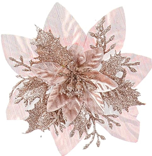 15 Stück Poinsettia Künstliche Blumen Dekorationen, Glitter Weihnachtsblumen Ornamente, Weihnachtsbaum Dekorationen Blumen, mit Clips für Weihnachten/Kranz/Girande Dekor, Rosegold