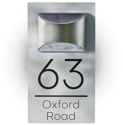 House Signs Direct Solar House Number Plaque, Light Grey | 25x14cm, acrylic address marker with integrated solar-powered LED and wall fixings, ideal for outdoor and driveway use.