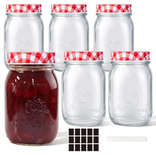 WERTIOO 6 Pack 480ml Mason Jar, Jam Jars, Jam Jars with Lids, Overnight Oats Jar, Storage Jars for Pickling, Jam, Meal Prep, Kitchen Storage