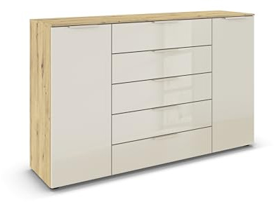 Rauch Möbel Flipp, Kommode, Farbe Glas Beige/Eiche Artisan, Breite 160 cm | Sideboard, 2-türig, 5 Schubladen, Glasfront, Soft-Close-Funktion, für Schlafzimmer, Gästezimmer, Wohnzimmer, Garderobe, Flur