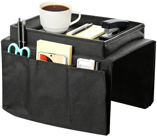 LCFVOFU Sofa Armrest Organizer with Tray, Armchair Tray with 4 Bags, Sofa Arm Table for TV Remote Drinks Magazine Book Phone Snacks Glasses