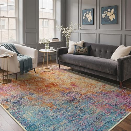 GENIMO Moderner Abstrakter Teppich Bunt, Waschbar, 160x230 cm | Waschbarer Modern Abstrakter Teppich,Rutschfest, Kurzflorig, Weich, für Wohnzimmer, Schlafzimmer, Esszimmer,Büro