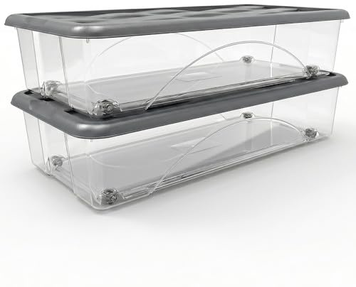 Set di 2 Scatole Sotto letto con Ruote Coperchio grigio 40 lt box basso h17,5 cm per letti Contenitori Salvaspazio in Plastica Trasparente cm 79x39 Ideale per Vestiti e Cambio Stagione Organizzazione