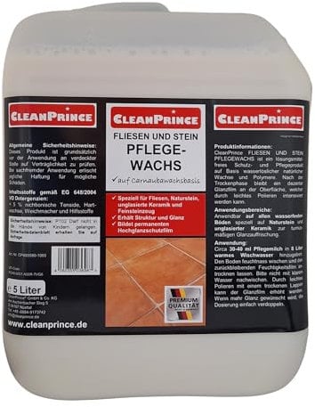 CleanPrince 5 Liter Fliesen und Stein Pflegewachs | CP400580 | Carnaubawachs Naturstein unglasierte Keramik Reinigung Glanzauffrischung Pflegemittel Reiniger Glanz Hochglanzschutzfilm Pflegemilch