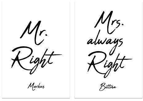 PICSonPAPER Personalisiertes Poster 2er-Set Mr. Right & Mrs. Always Right, ungerahmt DIN A4, Personalisiertes Geschenk zur Hochzeit (Personalisiertes Mr. Right & Mrs. Always Right, DIN A4 ungerahmt)