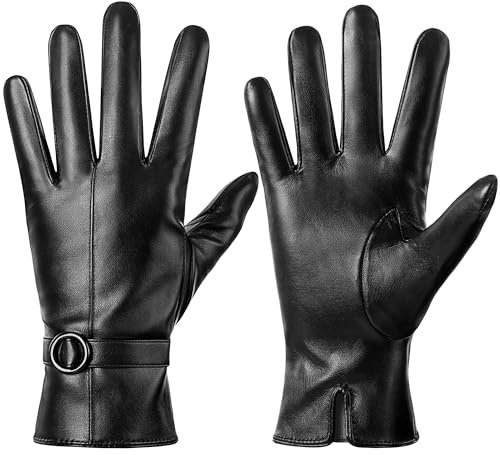 Damen Winter Lederhandschuhe Touchscreen Texting Warm Fahren Lammfell Handschuhe (Schwarz, XL)