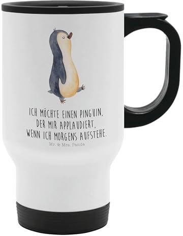 Mr. & Mrs. Panda Thermobecher Pinguin marschieren - Geschenk, Kaffeetasse zum Mitnehmen, Frühaufsteher, spazieren, Reisebecher, Langschläfer,
