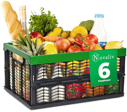 Novaliv Klappboxen faltbar stabil 6x 30L Grün Schwarz baskets Einkaufskiste Klappkisten Set Tragebox Aufbewahrung Einkaufskörbe Körbe Aufbewahrung Küche