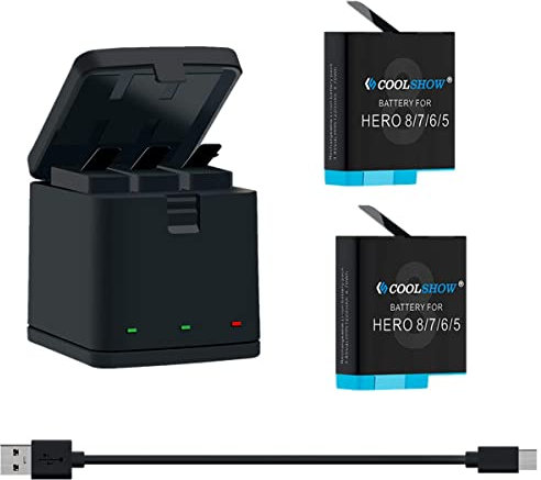 COOLSHOW Batteria 1220mAh (2 Pezzi) e Caricabatterie Triplo Compatibile Con GoPro HERO8, HERO7, HERO6, HERO5 Black e Hero 2018