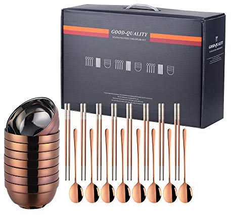 Meisha 304 Stainless Steel Bowl Set - Includes 20oz Rice Bowls, Soup Spoons, Chopsticks - Metal Serving Bowls, Double Walled Soup, Cereal, Dessert Bowls for Home Restaurant - Set of 24, Rose Gold