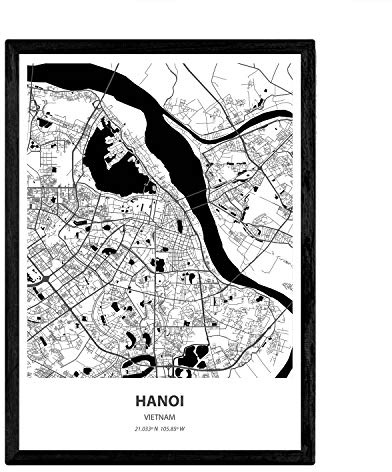 Nacnic Plakat mit Karte von Hanoi - Vietnam. Asiatische Städte Blätter mit Meeren und Flüssen in schwarzer Farbe. A4-Format