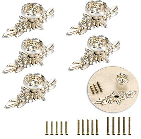 BSTKEY Schubladenknöpfe in Rosenform, Ziehgriffe für Schrank, Schrank, Kleiderschrank, Truhe mit Platte, dekorativer Möbelknauf für Zuhause (100 mm, antikes Silber), 5 Packungen