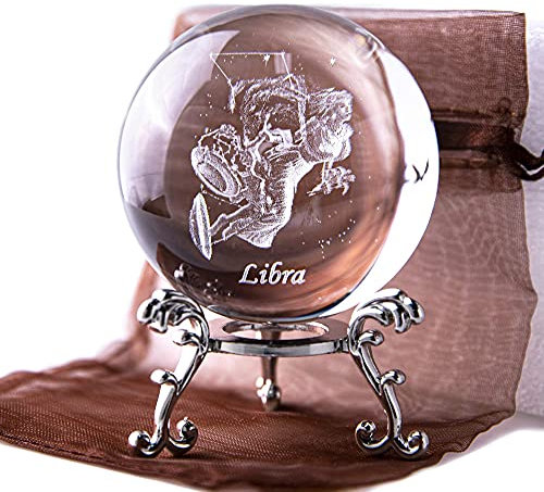 3D Laser Constellation Crystal Ball Crystal Paperweight Full Sphere Glass Fengshui with Sliver-Plated Flowering Stand(Libra)