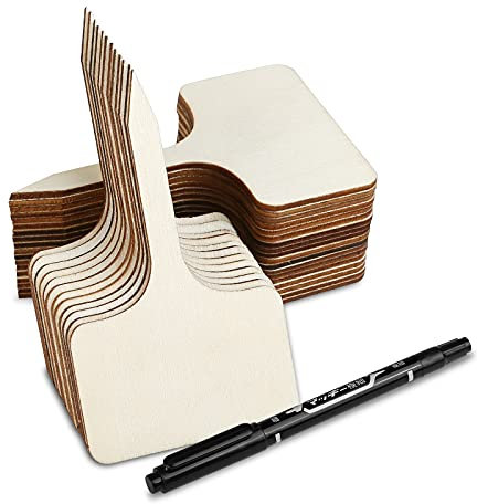 Gwhole Etichette di Piante in Legno per Esterno Giardino, 30 pz Marcatori di T-Tipo Impermeabili per Orto Bonsai, Cartellini Tag per Erbe, Fiori, Semi, Verdure 6 x 10 cm con Penna