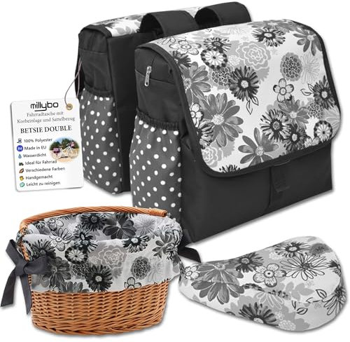 millybo BETSIE Double Fahrradtasche 3-er Set Korbeinlage Sattelbezug Gepäckträgertasche Verschiedene Muster (110.003 double-3-Set (W+P 100.004))