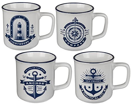 Seaside No. 64 - Tasse, Becher, Pott - maritimes Küstendesign - 4er Set - blau, weiß, Steingut glasiert, spülmaschinenfest - Geschenkartikel