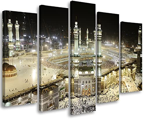 Feeby Leinwandbild 5-teilig 200x100 cm Saudi Arabien Islam Mekka Kaaba Bild Wanddeko Wand Bild Kunstdruck Deko Wohnzimmer Naher Osten Vertrauen Verehrung Religion Beige